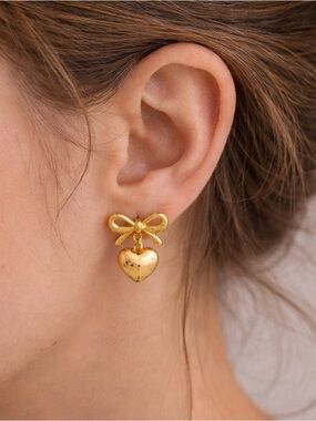 Simons Gold Bow Heart Drop Earrings - Women Jewelry - NWT